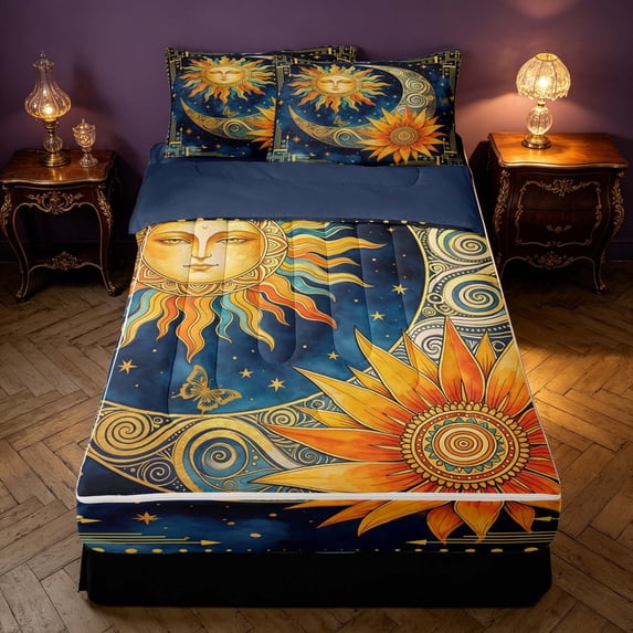 Homewish Sun Moon Stars Zipper Full Size Comforter Sets with Fitted Sheet and 2 Pillowcases, Hippie Galaxy Zipper Bedding Set, Navy Blue Reversible