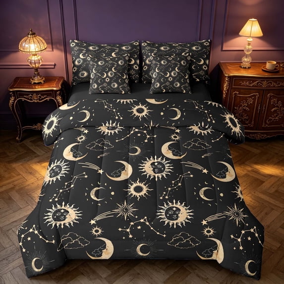 Homewish Sun Moon Twin Bedding, Horoscope Astrology Bedding Comforter Set, Black Gold, Black Reversible 7 Pieces