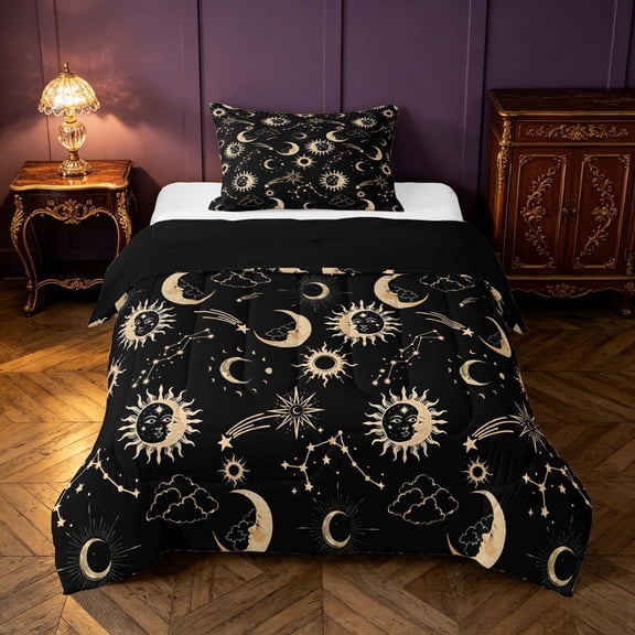 Homewish Sun Moon Twin Comforter Sets, Horoscope Astrology Bedding Set, Black Gold, Black Reversible 2pcs, 1 Comforter and 1 Pillowcase