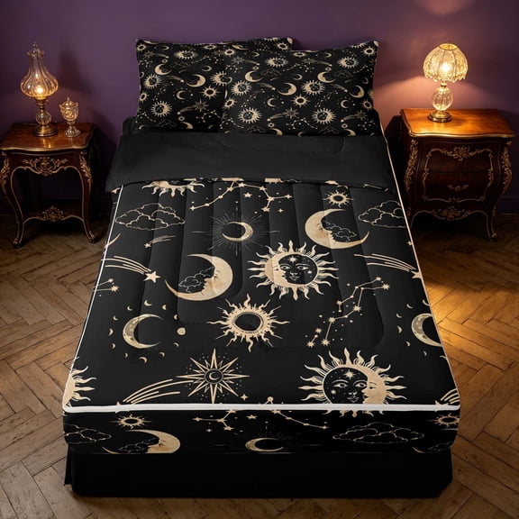 Homewish Sun Moon Zipper Twin Comforter Sets with Fitted Sheet and 2 Pillowcases, Horoscope Astrology Zipper Bedding Set, Black Gold, Black Reversible