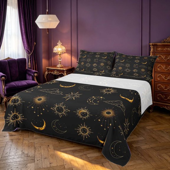 Homewish Sun and Moon Bed Sheets, Black Gold Full Size Sheets, 4 Pieces, 1 Flat Sheet, 1 Fitted Sheet and 2 Pillowcases