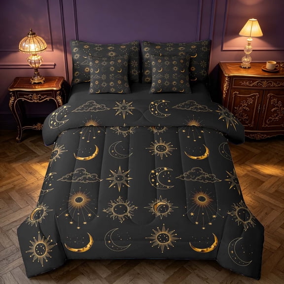 Homewish Sun and Moon Full Size Bedding Sets, Black Gold Full Size Bed in a Bag, Black Reversible 7 Pieces