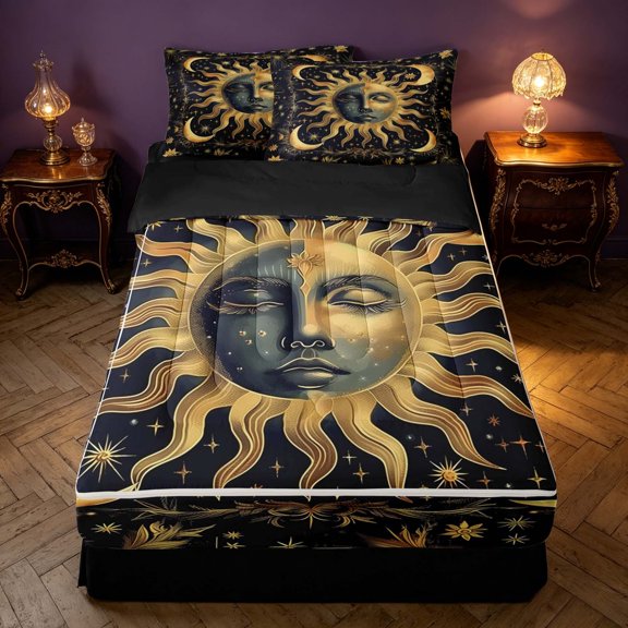 Homewish Sun and Moon Print Zipper Twin Comforter Sets with Fitted Sheet and 2 Pillowcases, Botanical Leaves Zipper Bedding Set, Black Reversible