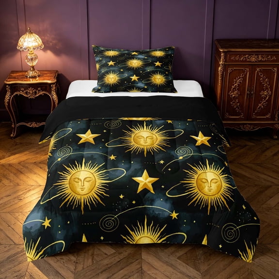 Homewish Sun and Stars Twin Comforter Sets, Galaxy Horoscope Astrology Bedding Set, Black Reversible 2pcs, 1 Comforter and 1 Pillowcase