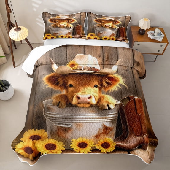 Homewish Sunflower Highland Cow Twin Quilt Set, Western Cowboy Twin Coverlet Set, 2pcs, 1 Comforter and 1 Pillowcase