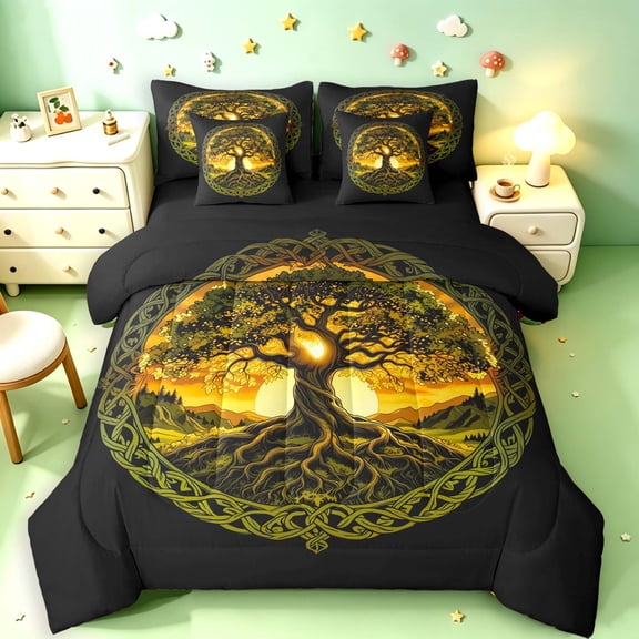 Homewish Sunset Tree Of Life 7-Piece Twin Bedding,Vintage Botanical Bedding Comforter Set,Yellow Green,Black Reversible