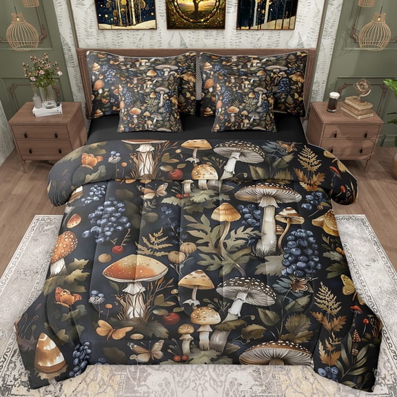 Homewish Sweet Blueberry 7-Piece Bedding Comforter Set,Wild Flower Mushroom King Bedding Sets,Fungus Plant Bed Sheets For Men Women,Super Cozy Room Decor Reversible
