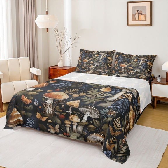 Homewish Sweet Blueberry Twin Sheet Sets,Wild Flower Mushroom Twin Fitted Sheet,Fungus Plant Flat Sheet For Men Women,Super Cozy Room Decor,3pcs