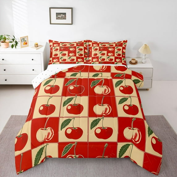 Homewish Sweet Cherry Bedding Comforter Set,Modern Geometric Plaid Twin Comforter Sets,Orange Red Bedding Set For Girls Kids,Breathable Home Decor Reversible,2 Pieces