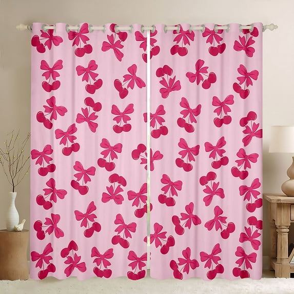 Homewish Sweet Cherry Bowtie Blackout Curtains Set of 2 (52x84 Each),Cute Ribbon Bowknot Window Curtains,Pink Bow Tie Curtains and Drapes For Girl Kids,Breathable Home Decor