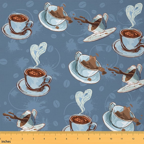 Homewish Sweet Dessert Coffee Fabric by the Yard 1 Yard,Heart Pint Home Decor Fabric by the Yard,Blue Brown Sewing Fabric For Girls Teens,Super Cozy Room Decor