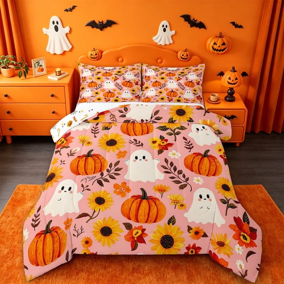 Homewish Sweet Halloween Cartoon Ghost Full Size Comforter Sets,Sunflower Pumpkin Print Bedding Comforter Set,Light Pink Orange,Halloween Reversible,3-Piece,1 Comforter and 2 Pillowcases
