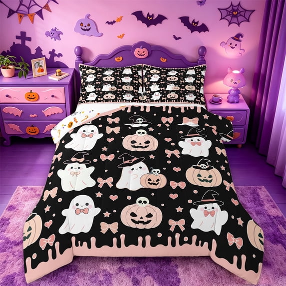 Homewish Sweet Halloween Cartoon Ghost Queen Comforter Set,Pink Pumpkin Bow Print Comforter Sets Queen,Halloween Reversible,3 Pieces,1 Comforter and 2 Pillowcases