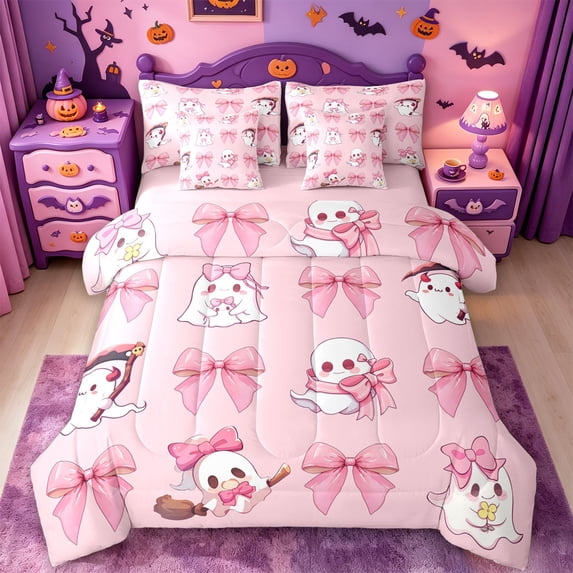 Homewish Sweet Halloween Ghost 7 Pieces Full Size Bedding Sets,Pink Ribbon Bowknot Full Size Bed in a Bag,Pink Reversible