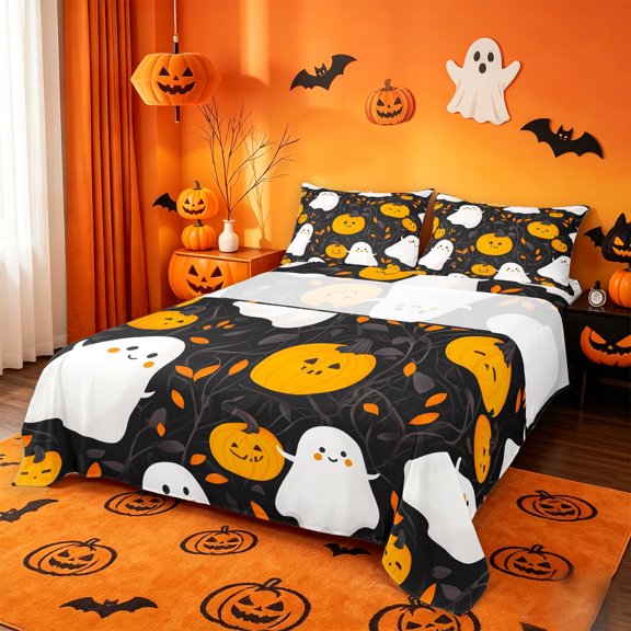 Homewish Sweet Halloween Ghost Bed Sheets,Pumpkin Branch Pattern Full Size Sheets,Black Orange,4 Pieces,1 Flat Sheet,1 Fitted Sheet and 2 Pillowcases