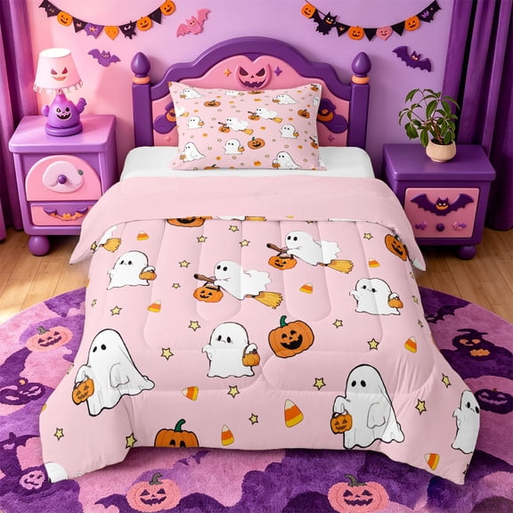 Homewish Sweet Halloween Ghost Pumpkin Twin Comforter Sets,Candy Corn Pattern Bedding Set,Pink Orange White,Pink Reversible,2pcs,1 Comforter and 1 Pillowcase