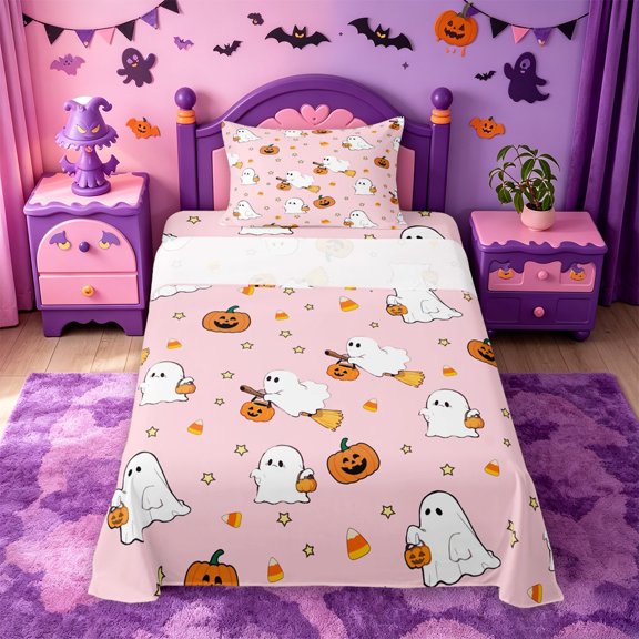 Homewish Sweet Halloween Ghost Pumpkin Twin Sheets,Candy Corn Pattern Bedding,Pink Orange White,3pcs,1 Fitted Sheet and 1 Pillowcase