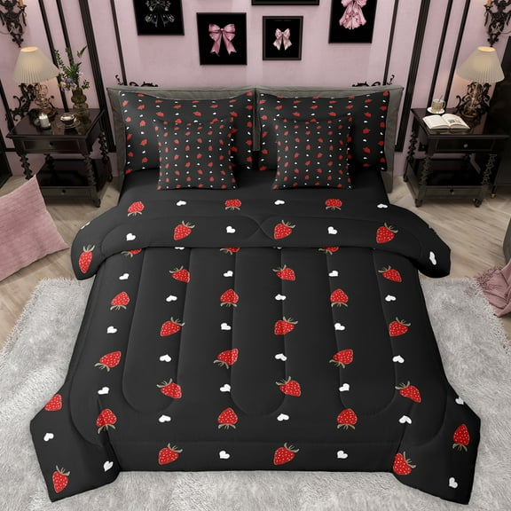 Homewish Sweet Strawberry 7-Piece Twin Bedding Sets,Winter Fruit Bedding Comforter Set,Red Black Sheet Sets For Girls Kids,Ultra Soft Home Decor Reversible