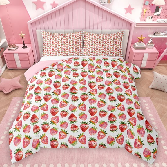Homewish Sweet Strawberry Bedding Comforter Set,Cute Cartoon Fruit Twin Comforter Sets,Red White Bedding Set For Kids,Luxury Bedroom Decor Reversible,2-Piece