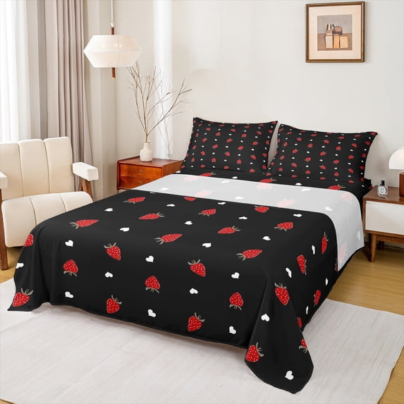 Homewish Sweet Strawberry Full Size Sheets,Winter Fruit Bed Sheets,Red Black Sheet Sets For Girls Kids,Ultra Soft Home Decor,4pcs