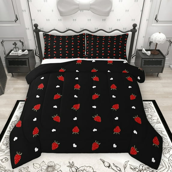 Homewish Sweet Strawberry Queen Comforter Set,Winter Fruit Bedding Sets,Red Black Bedding Comforter Set For Girls Kids,Ultra Soft Home Decor Reversible,3-Piece