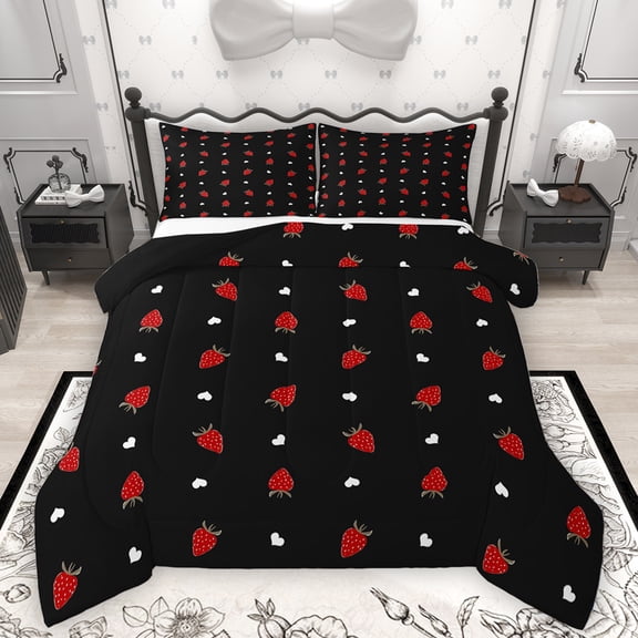 Homewish Sweet Strawberry Queen Comforter Set,Winter Fruit Bedding Sets,Red Black Bedding Comforter Set For Girls Kids,Ultra Soft Home Decor Reversible,3-Piece