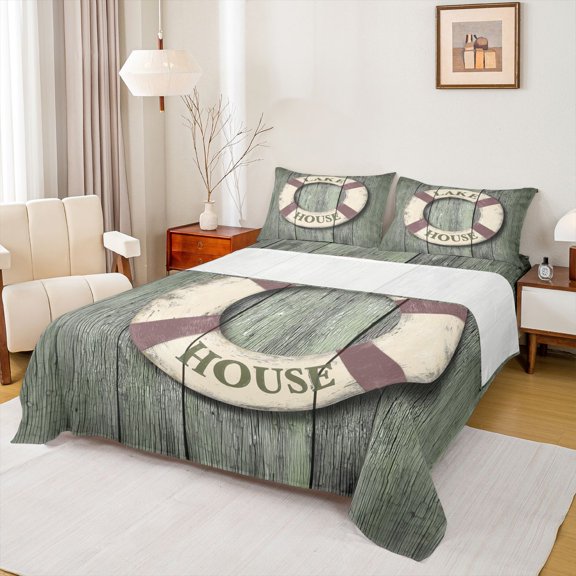 Homewish Swim Ring Twin Sheet Sets 3pcs for Female Men Adults,Lake House Twin Fitted Sheet Microfiber,Rustic Vintage Cabin Breathable Flat Sheet,Super Cozy Room Decor