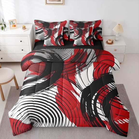 Homewish Swirl Circle 7 Pieces Full Size Bedding Sets,Modern Artwork Full Size Bed in a Bag,Red White Black,Black Reversible