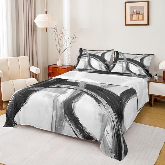 Homewish Swirl Circle Bed Sheets,Aesthetic Geometric Full Size Sheets,Gray Black,4pcs,1 Flat Sheet, 1 Fitted Sheet and 2 Pillowcases