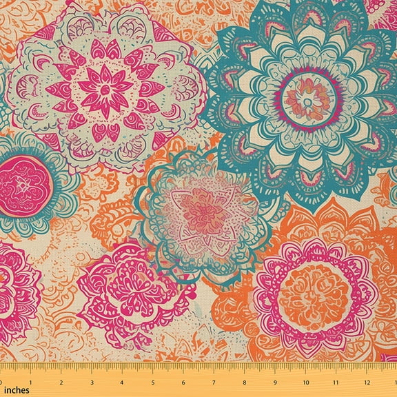 Homewish Swirl Damask Fabric by the Yard 2 Yards for Female, Western Bohemian Sewing Fabric, Tribal Hippie Flower Floral Fabric for Sewing, Microfiber Bedroom Decor