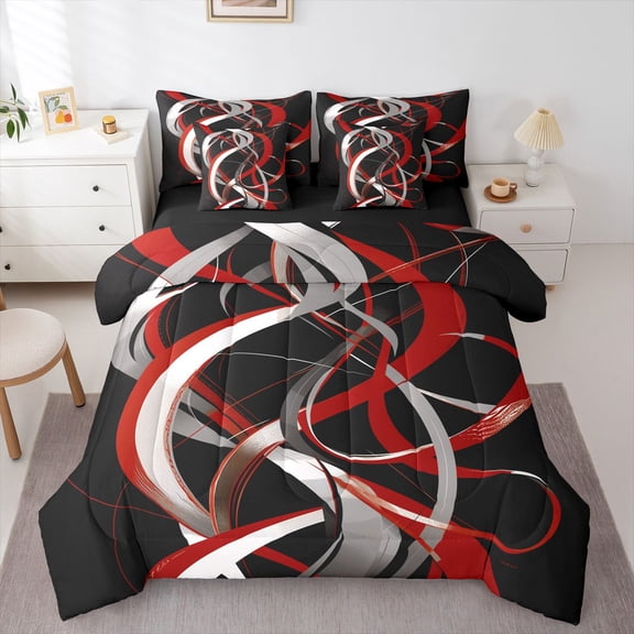 Homewish Swirl Lines 7-Piece Twin Bedding,Abstract Geometric Bedding Comforter Set,Red White,Black Reversible