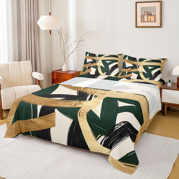 Homewish Swirl Lines Bed Sheets,Modern Abstract Full Size Sheets,Golden Green,4pcs,1 Flat Sheet, 1 Fitted Sheet and 2 Pillowcases