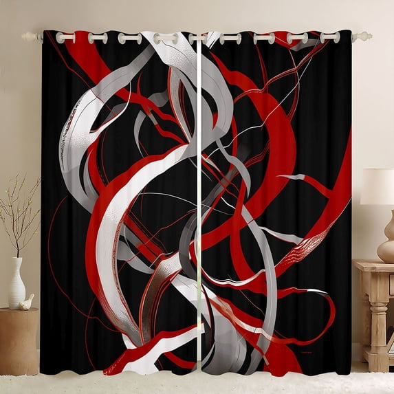 Homewish Swirl Lines Kitchen Curtains,Abstract Geometric Black Out Curtains Pack of 2 (42x63 Each),Red White