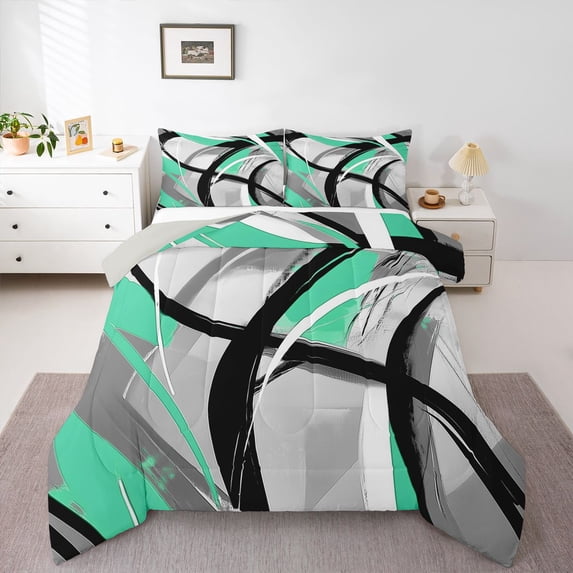 Homewish Swirl Lines Queen Comforter Set,Abstract Modern Comforter Sets Queen,Light Green,Light Gray Reversible,3pcs,1 Comforter and 2 Pillowcases