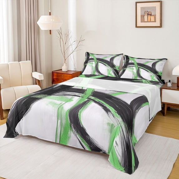 Homewish Swirl Lines Queen Sheets,Abstract Geometric Queen Sheet Sets,Green Black,4 Pieces,1 Flat Sheet, 1 Fitted Sheet and 2 Pillowcases