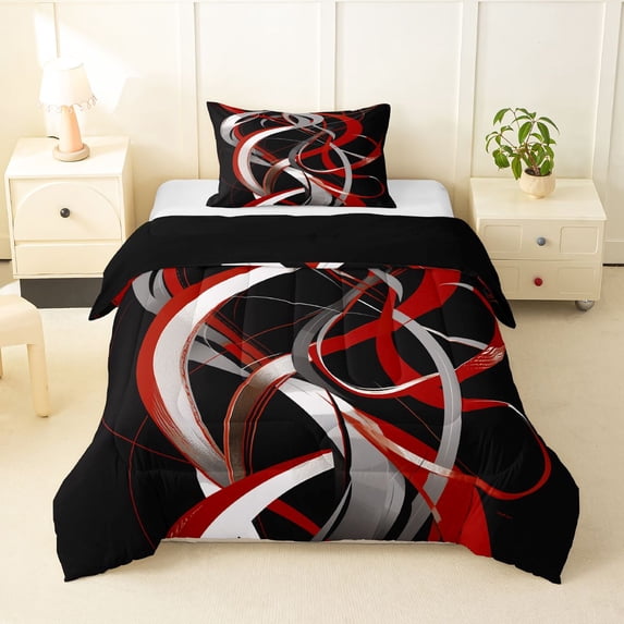 Homewish Swirl Lines Twin Comforter Sets,Abstract Geometric Bedding Set,Red White,Black Reversible,2pcs,1 Comforter and 1 Pillowcase