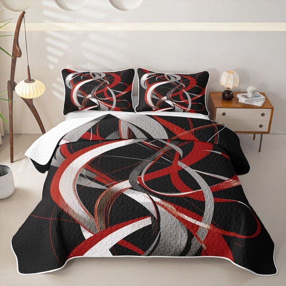 Homewish Swirl Lines Twin Quilt Set,Abstract Geometric Twin Coverlet Set,Red White,2pcs