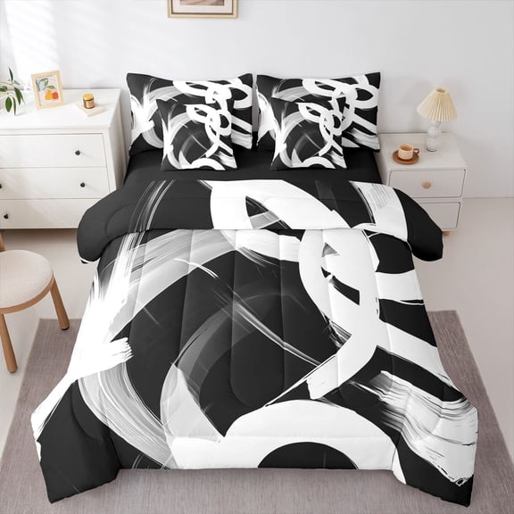 Homewish Swirl Stripes 7-Piece Twin Bedding,Aesthetic Artwork Bedding Comforter Set,White Black,Black Reversible