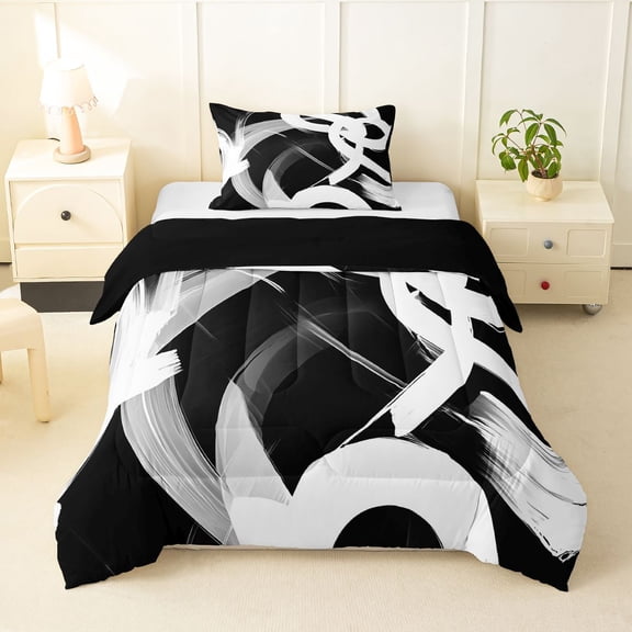 Homewish Swirl Stripes Twin Comforter Sets,Aesthetic Artwork Bedding Set,White Black,Black Reversible,2-Piece,1 Comforter and 1 Pillowcase
