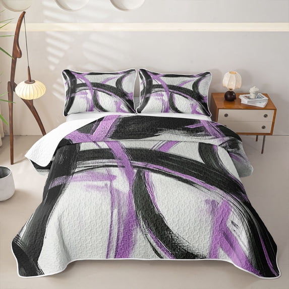 Homewish Swirl Stripes Twin Quilt Set,Modern Geometric Twin Coverlet Set,Purple Black,2 Pieces