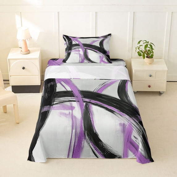 Homewish Swirl Stripes Twin Sheets,Modern Geometric Bedding,Purple Black,3pcs,1 Fitted Sheet and 1 Pillowcase