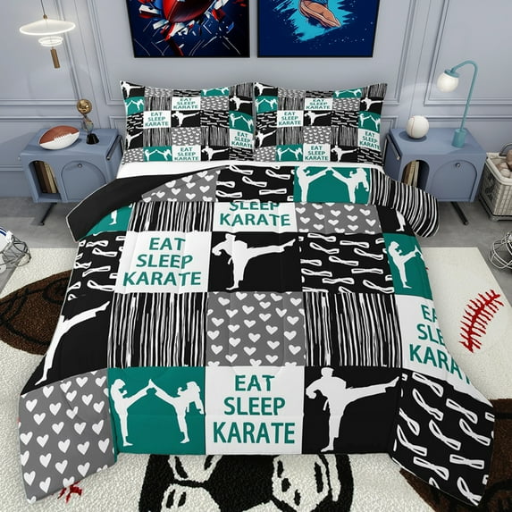 Homewish Taekwondo Theme Bedding Comforter Set,Cartoon Loves Pattern Twin Comforter Sets,Abstract Geometric Plaid Bedding Set For Boys Kids,Super Cozy Room Decor Reversible,2 Pieces
