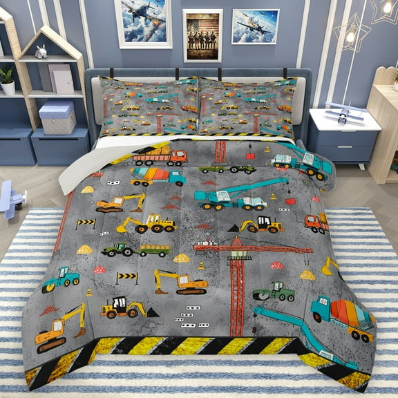 Homewish Tanker Crane Excavator Bedding Comforter Set,Engineering Vehicle Twin Comforter Sets,Gray Yellow Blue Bedding Set For Boys Teens,Microfiber Bedroom Decor Reversible,2 Pieces