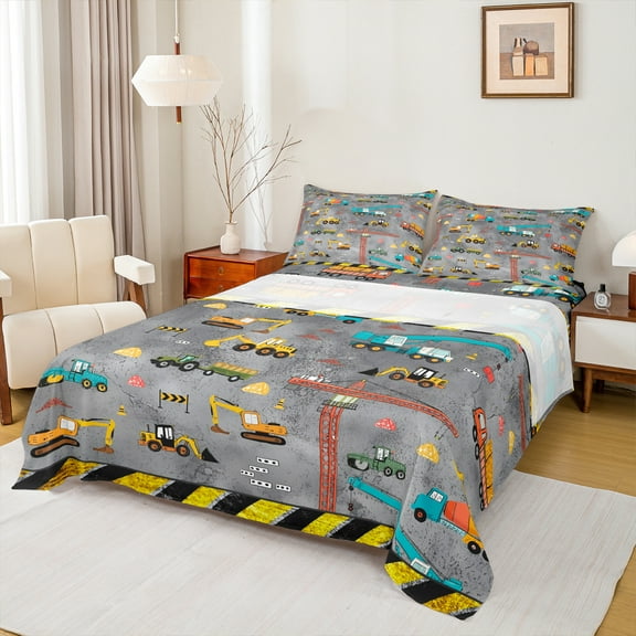 Homewish Tanker Crane Excavator Twin Sheet Sets,Engineering Vehicle Twin Fitted Sheet,Gray Yellow Blue Flat Sheet For Boys Teens,Microfiber Bedroom Decor,3 Pieces