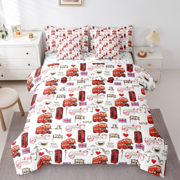 Homewish Tea Time Bedding Comforter Set 7pcs for Female Men Adults,Uk Flag Queen Bedding Sets Super Cozy,Romantic London Queen Sheet Sets,Lightweight Room Decor,Reversible