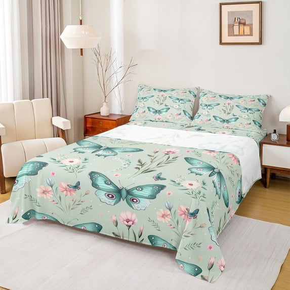 Homewish 4-Piece Teal Butterflies Spring Garden Chic Flowers King Microfiber Sheet Set