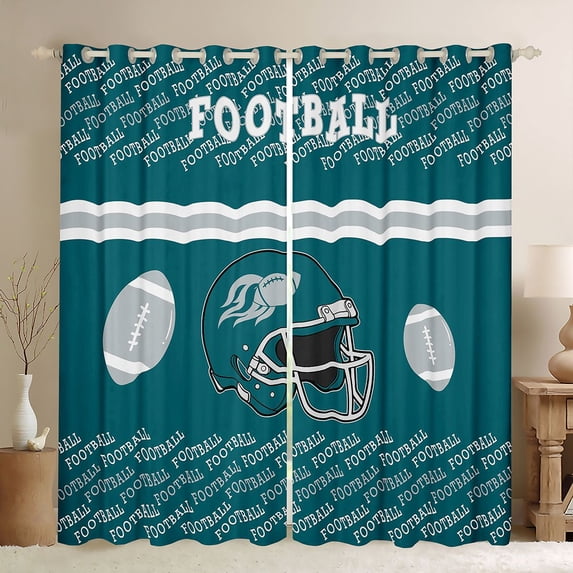 Homewish Teal Grey Sports Curtains Pack of 2 (42x84 Each), Cartoon Soccer Rugby Athlete Curtains Blackout, Teens Kids Boys Girls Bedroom Curtains, Blackout Curtains Bedroom Decor