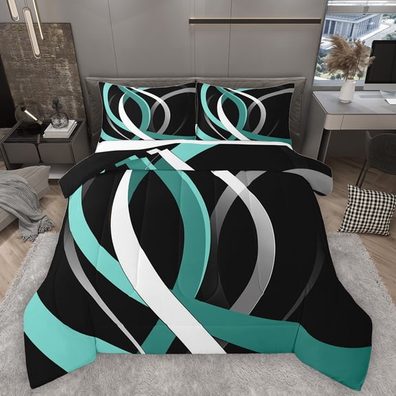 Homewish Teal Grey Stripes Lines 3 Pieces Queen Comforter Set for Female Men Adults,Vintage Aesthetic Ultra Soft Bedding Sets,Geometric Theme Bedding Comforter Set Breathable,Luxury Bedroom Decor