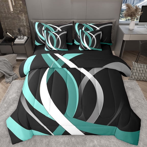 Homewish Teal Grey Stripes 7-Piece Reversible King Comforter Set, Geometric Design