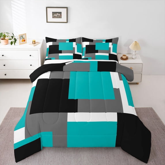 Homewish Teal Minimalism Square Full Size Comforter Sets,Classic Abstract Geometric Bedding Comforter Set,Black Reversible,3pcs,1 Comforter and 2 Pillowcases
